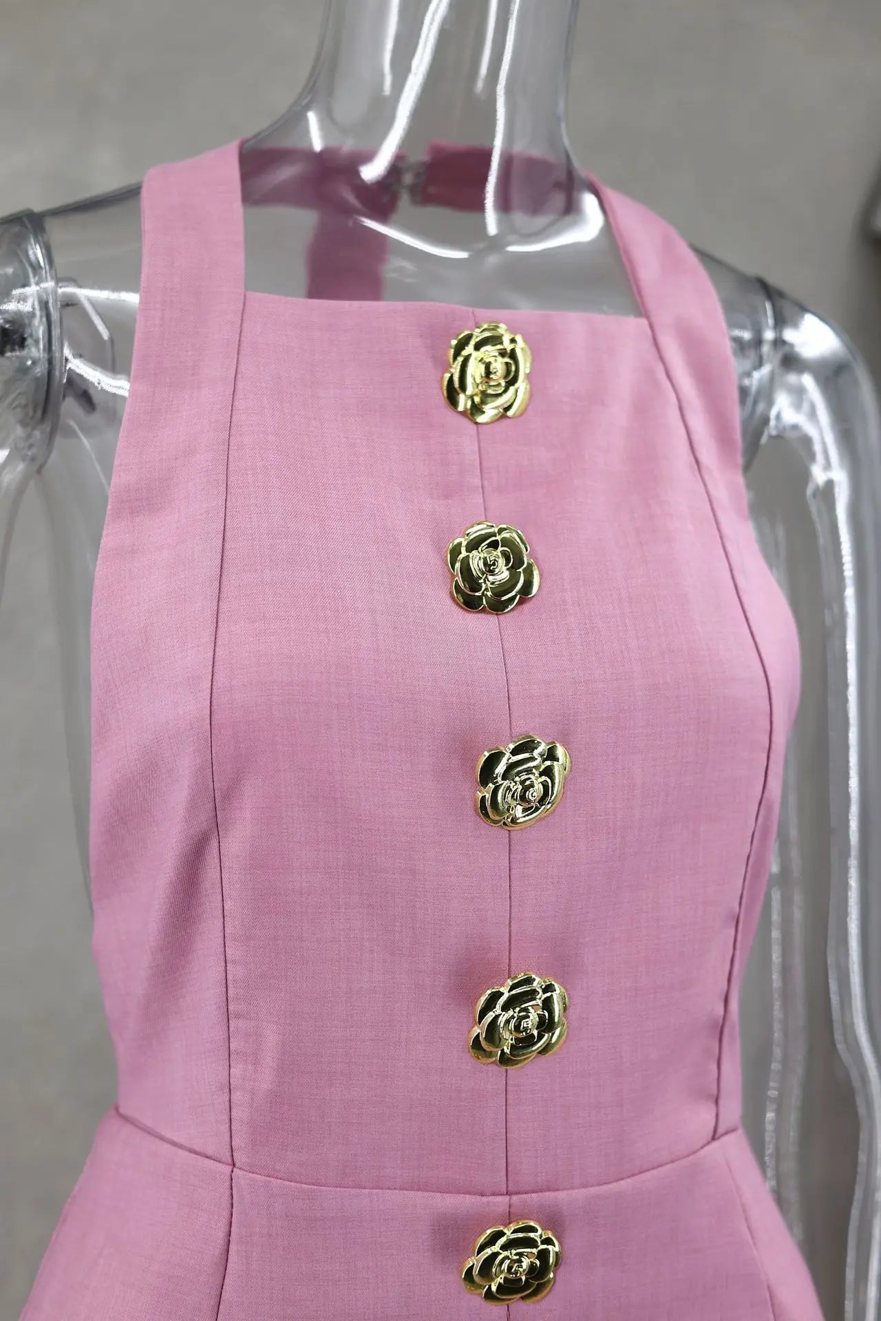 Chic Pink Halter Mini Dress – Backless, Sleeveless, Gold Button | Summer Party Dress 2025