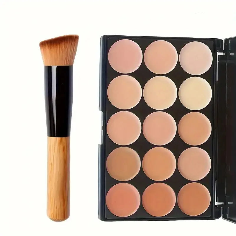 2pcs 15-color Professional Concealer with Brush,Face Makeup and Contouring Dark Circles Acne Mark Brightening Waterproof Sweat