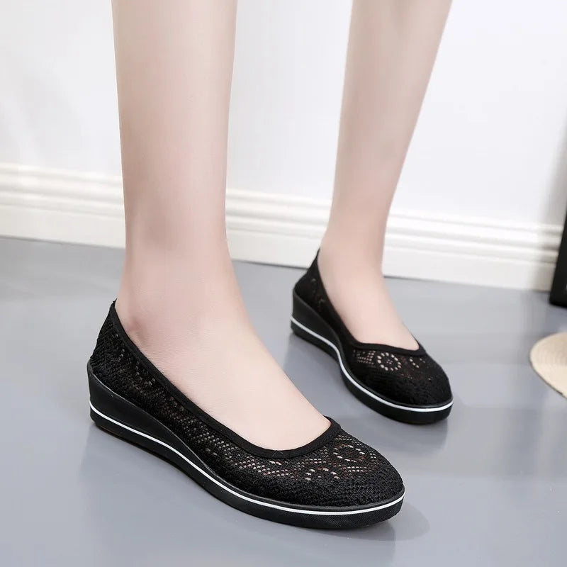 Women’s White Lace Breathable Slip-On Sneakers – Casual Summer Flats with Low Wedge Comfort Sole