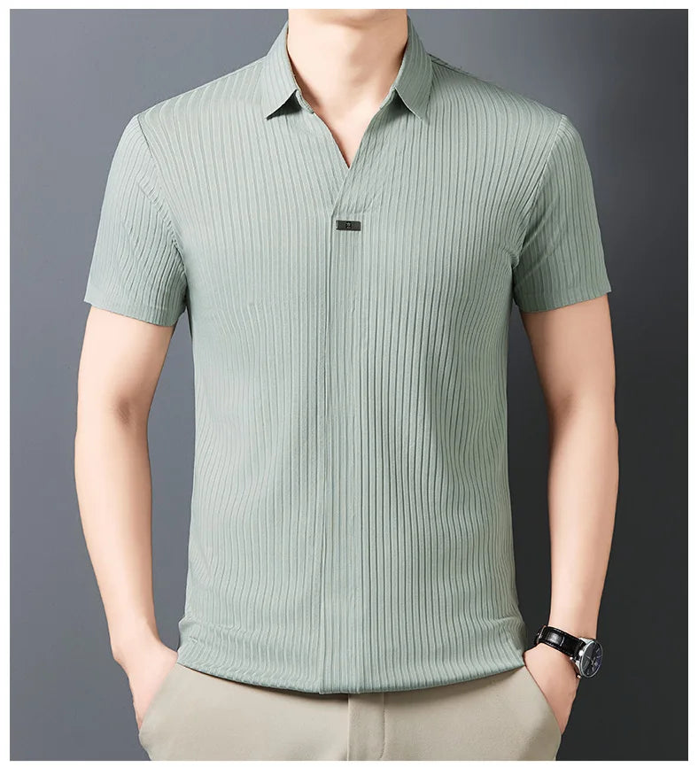 Men’s Breathable Ice Silk Stripe Polo Shirt – Summer Casual