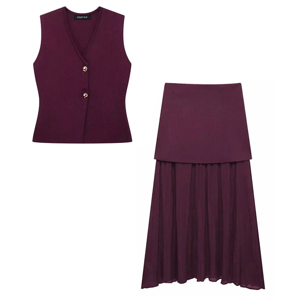 Elegant Wine Red Knitted Skirt Set for Women – V-Neck Vest & High-Waist Midi Skirt | Spring/Summer 2025