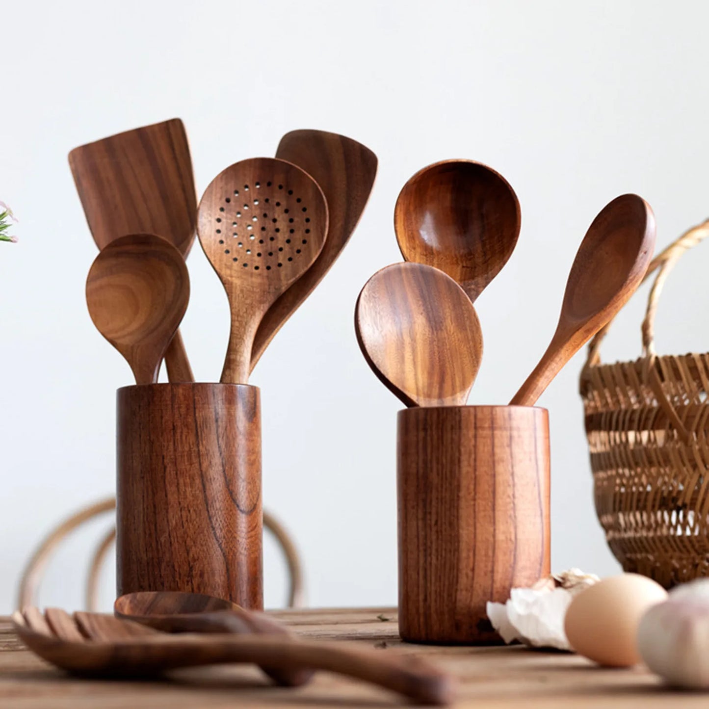 Wooden Kitchenware Cooking Utensils Set Non-stick Cookware Spatula Shovel Natural Teak Wooden Kitchen Cooking Tool Set 2025