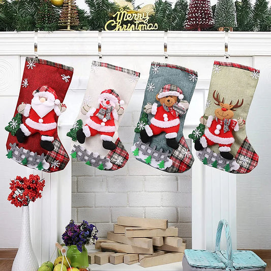4Pcs Christmas Stockings Set Large Capacity Christmas Ornament Sock Santa Claus/Snowman/Bear/Elk for Home Classroom Party