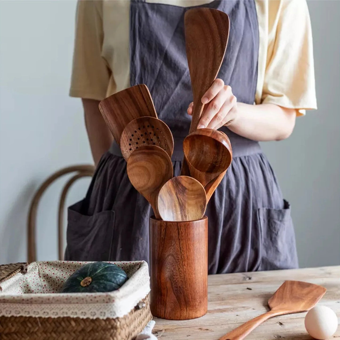 Wooden Kitchenware Cooking Utensils Set Non-stick Cookware Spatula Shovel Natural Teak Wooden Kitchen Cooking Tool Set 2025