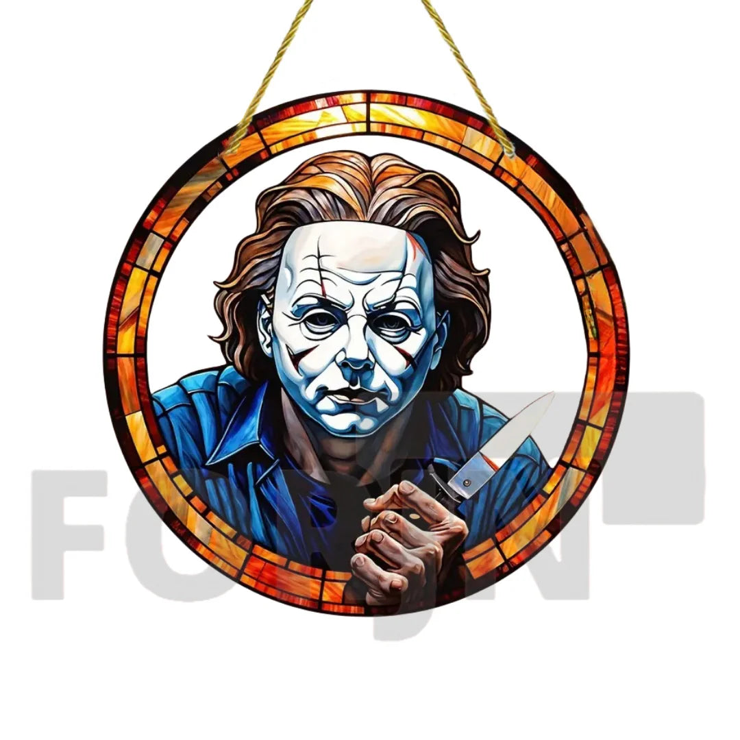 Horror Theme Stained Window Hanging Sun Catcher,Round Acrylic Translucent Sign,Halloween Decor for House,bar,Porch,Patio Garden
