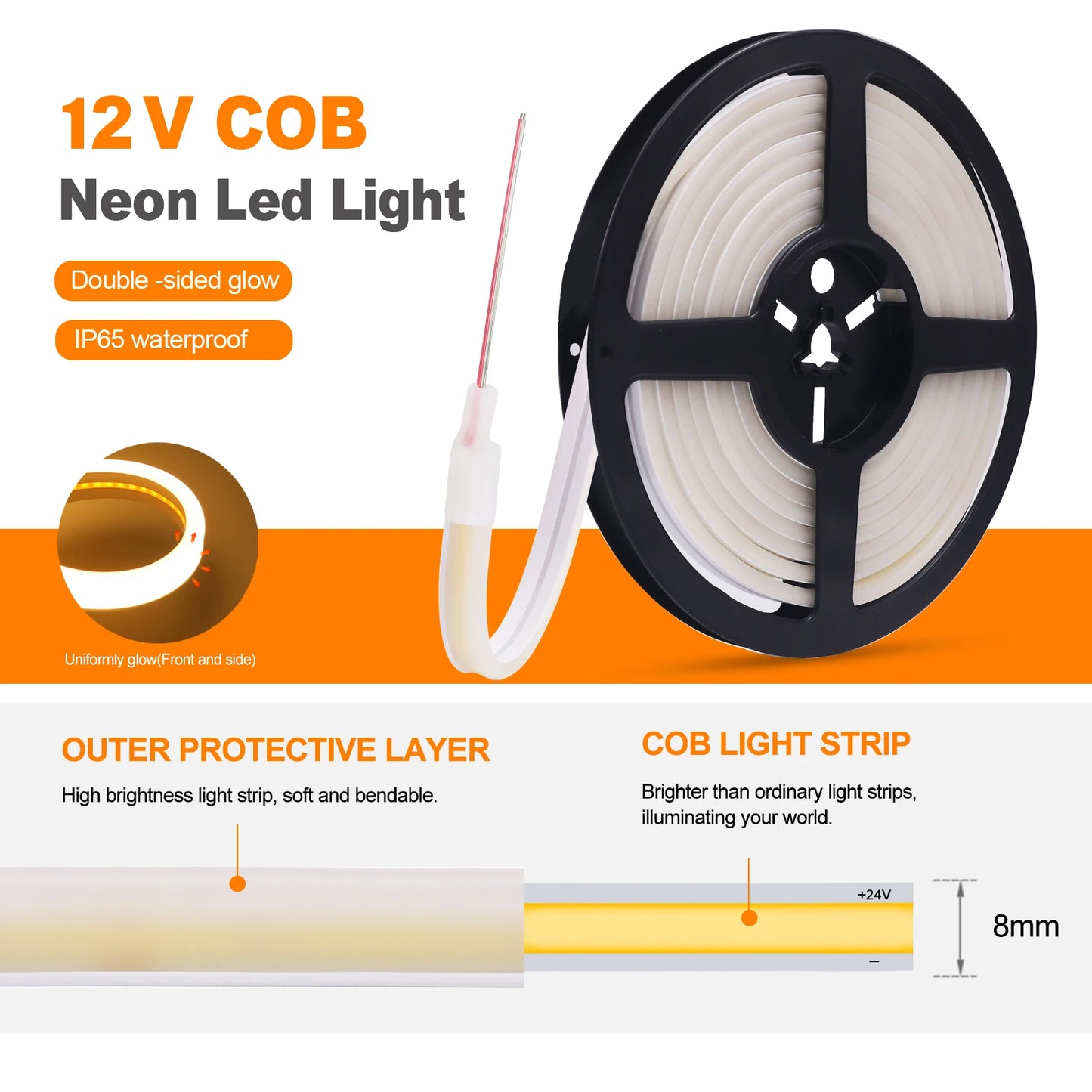 COB LED Strip Light – Dual Glow, Waterproof & Flexible (12V/24V)