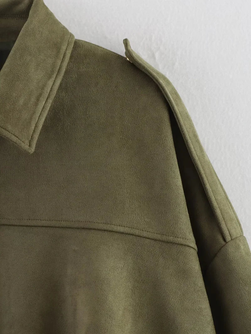 Women’s Suede-Texture Bomber Jacket – Casual Lapel Zip Coat | ETJ