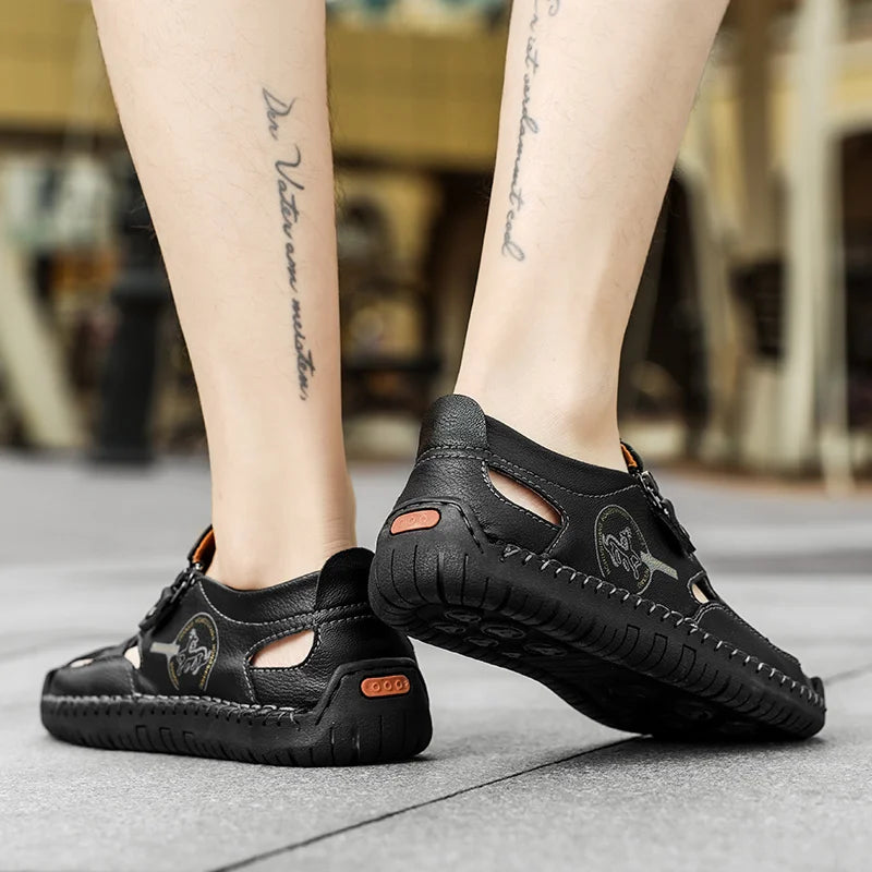 Men’s Leather Roman Sandals – Breathable Handmade Casual Summer Shoes for Outdoor & Beach