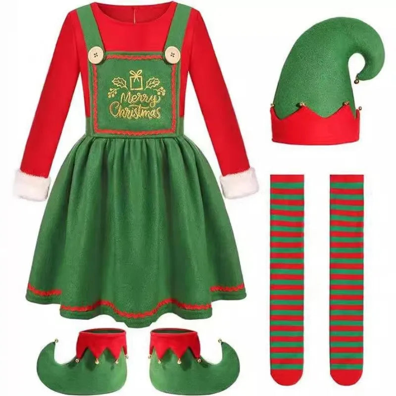 2025 Christmas Boys Cute Green Elf Costume New Year Family Party Festival Fancy Santa Claus Cosplay Outfit Set for Men Women