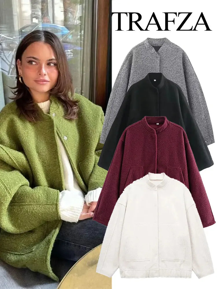 Women's Winter Casual Pocket Jacket – Solid Color, Cozy & Stylish | TRAFZA