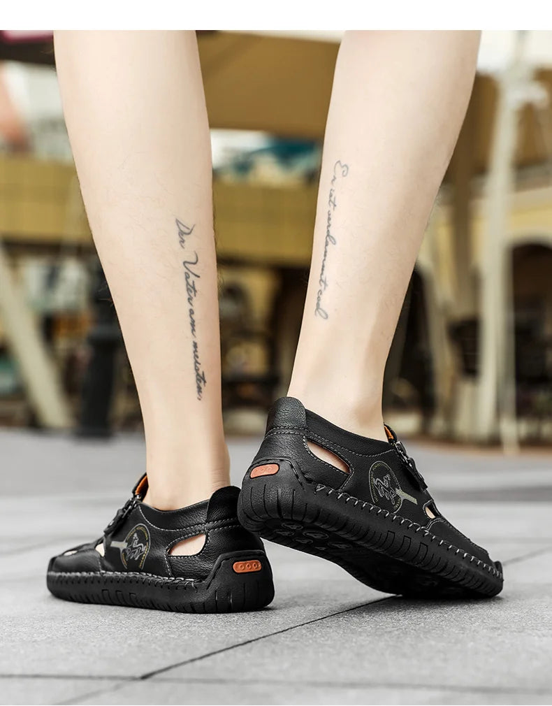 Men’s Leather Roman Sandals – Breathable Handmade Casual Summer Shoes for Outdoor & Beach