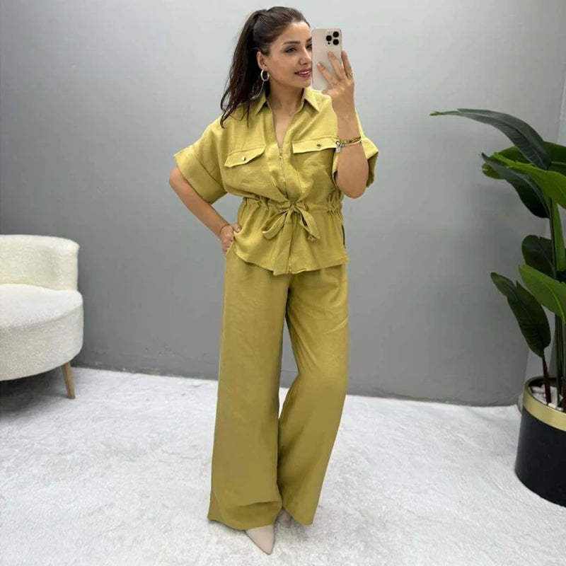 Women’s Summer 2-Piece Set – Loose Shirt & High-Waist Pants
