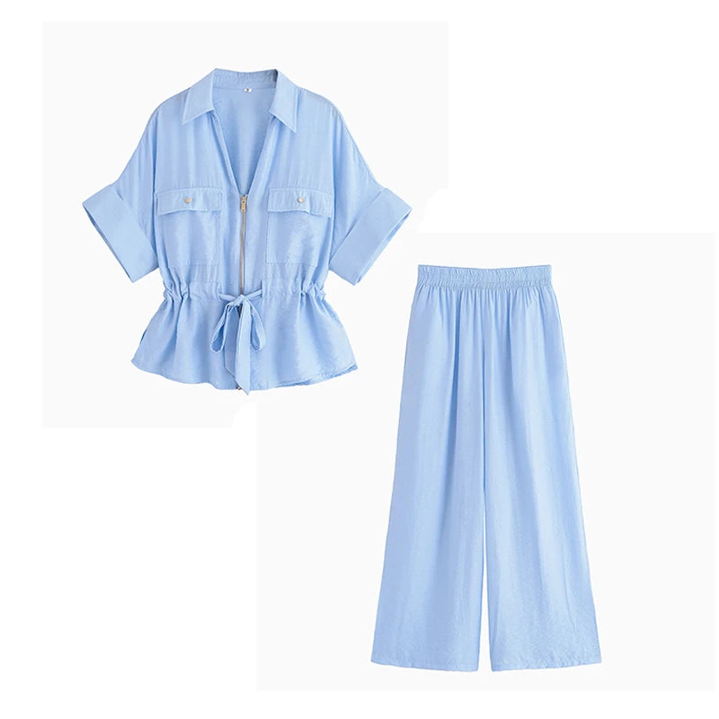Women’s Summer 2-Piece Set – Loose Shirt & High-Waist Pants