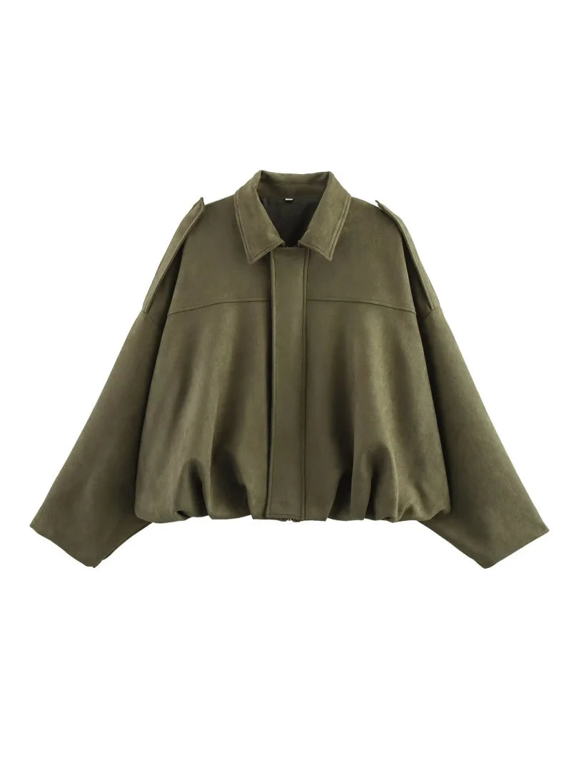 Women’s Suede-Texture Bomber Jacket – Casual Lapel Zip Coat | ETJ
