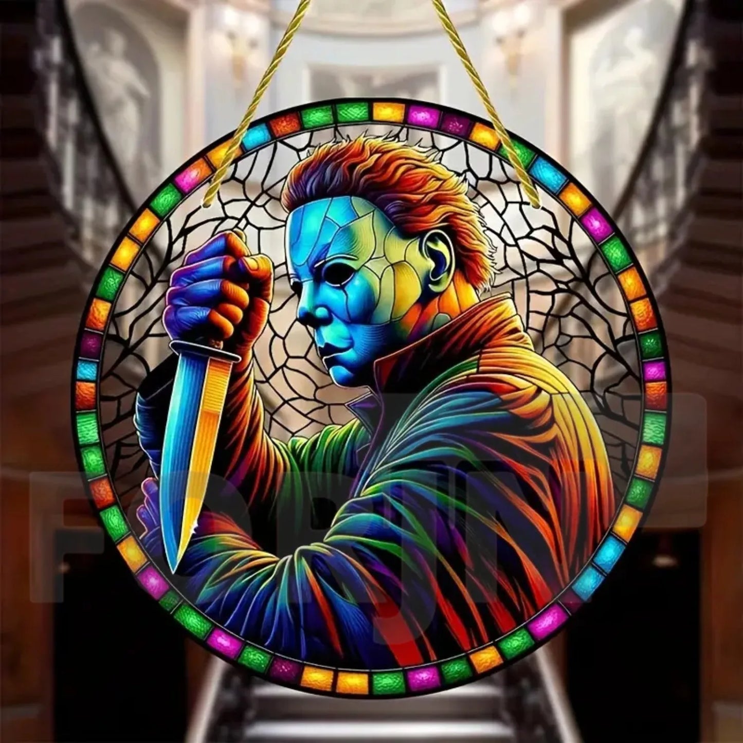 Horror Theme Stained Window Hanging Sun Catcher,Round Acrylic Translucent Sign,Halloween Decor for House,bar,Porch,Patio Garden