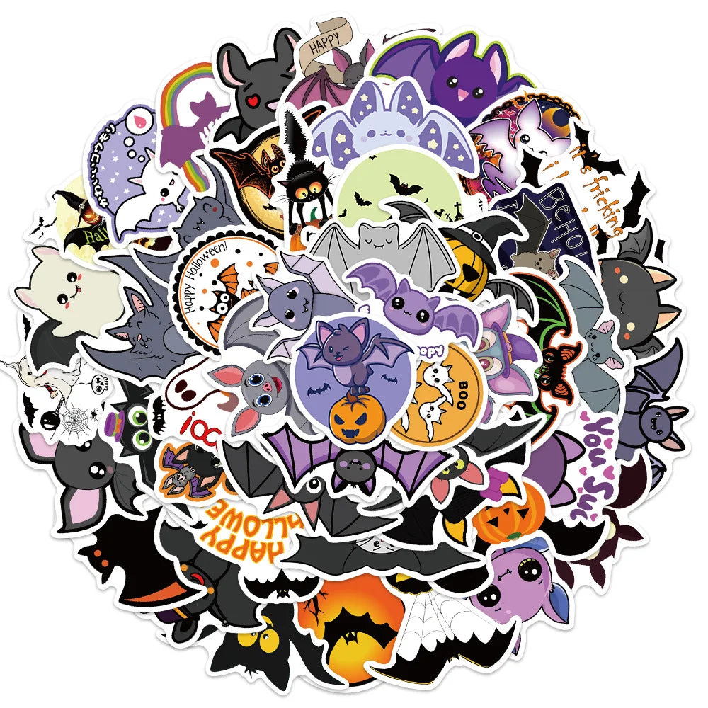 50PCS Halloween Purple Bat Stickers Streetwear Laptop Happy Halloween Elements Harajuku Wall Bar Fashion Living Room Sticker
