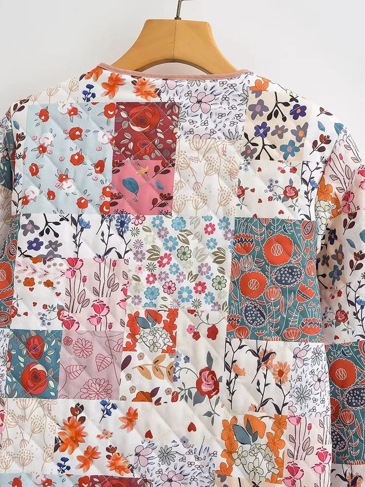 Women’s Quilted Floral Jacket – Vintage Loose Fit Winter Coat