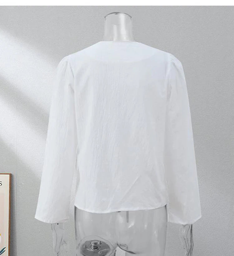 Spring 2025 V-Neck Lace-Up Linen Blouse – Casual Loose Fit