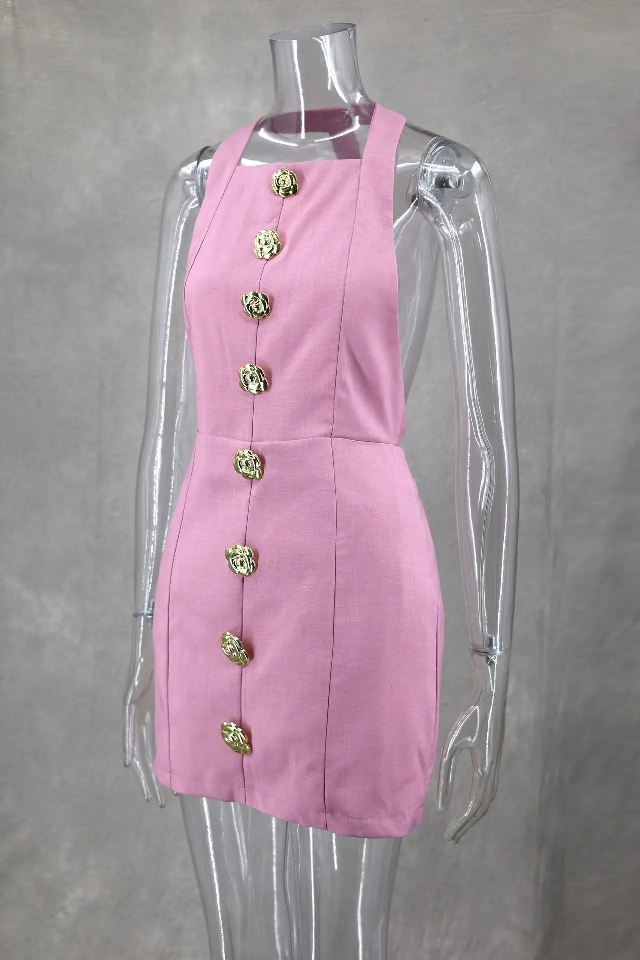 Chic Pink Halter Mini Dress – Backless, Sleeveless, Gold Button | Summer Party Dress 2025