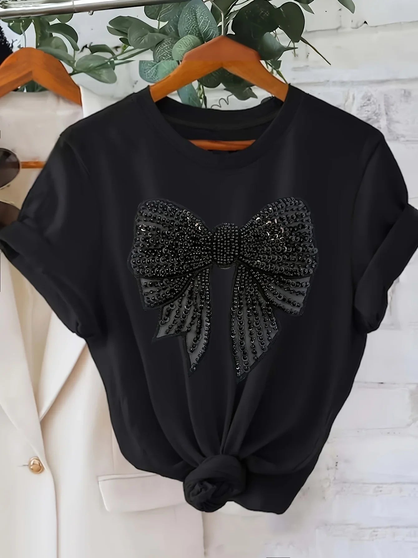 Women’s Black Rhinestone Bow Tee – Casual Short Sleeve Top