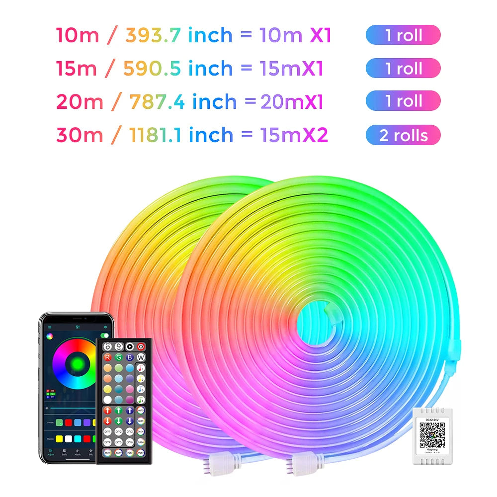 RGB Neon LED Strip Lights – Smart App & Music Sync, Waterproof (10M–30M)