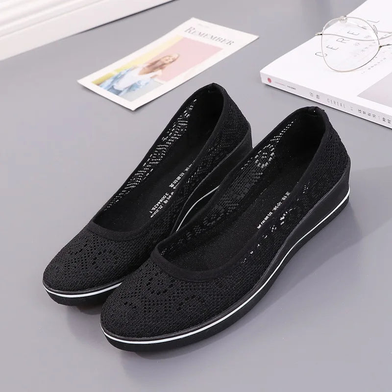 Women’s White Lace Breathable Slip-On Sneakers – Casual Summer Flats with Low Wedge Comfort Sole