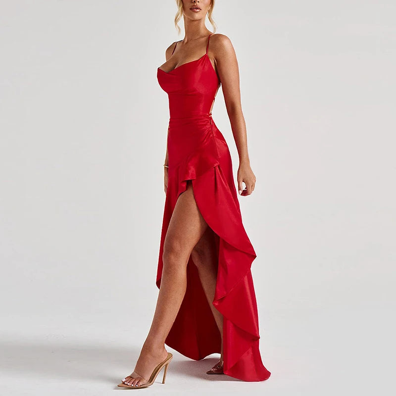 Sexy Slash Neck Slim Ruffle Banquet Dress Women Spring Backless Lace-up Long Irregular Dress Summer Sleeveless Hollow Maxi Dress