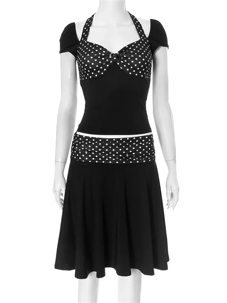 Tossy Women's Patchwork 2-Piece Set - Lace-Up Crop Top & High Waist Mini Skirt