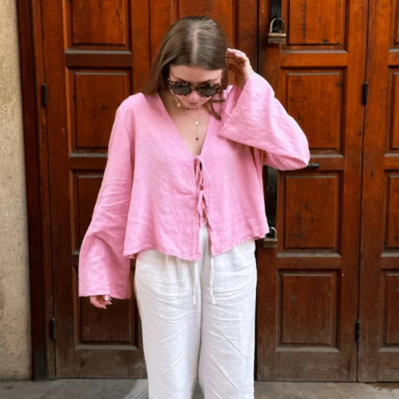 Spring 2025 V-Neck Lace-Up Linen Blouse – Casual Loose Fit