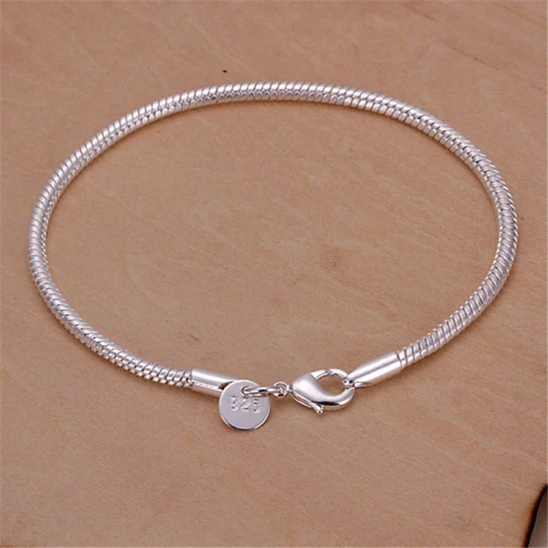 925 Sterling Silver 3mm Snake Chain 8 inches Basis Bracelet For Woman Charm Wedding Engagement Fashion Party Jewelry