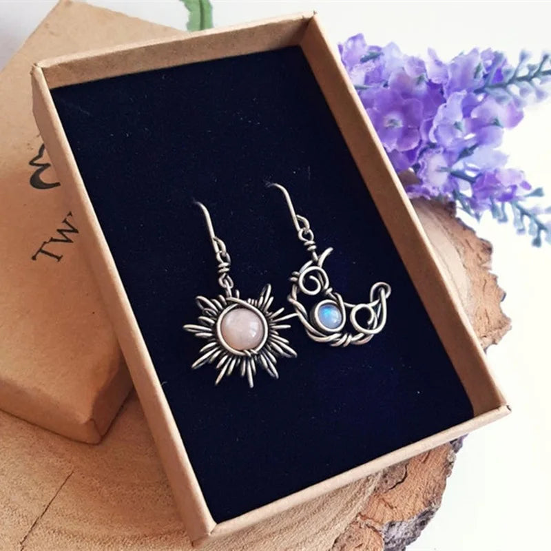 Boho Sun & Moon Drop Earrings – Vintage Crystal Jewelry for Women
