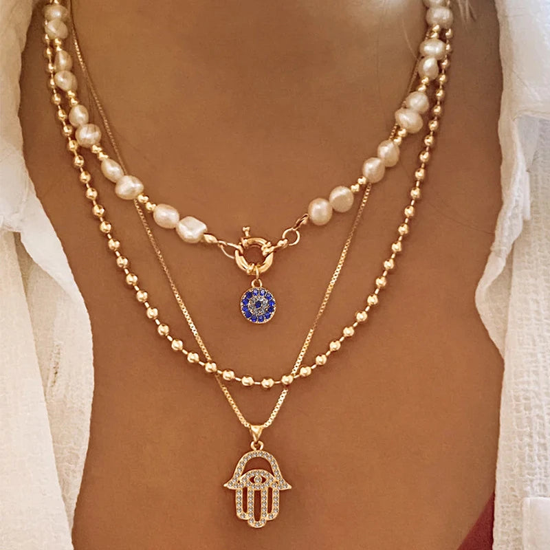 Layered Evil Eye & Cross Pendant Necklace – Lucky Charm