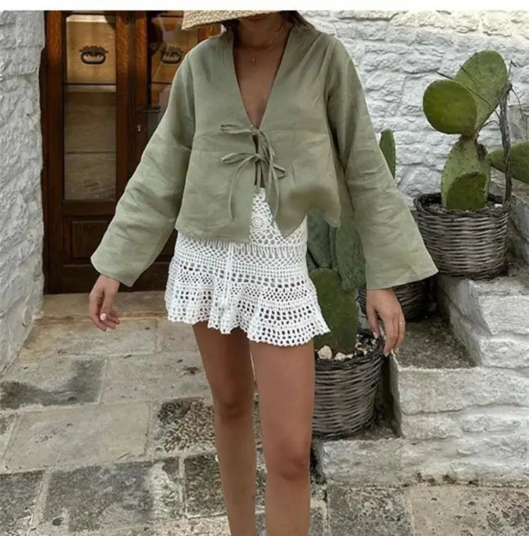 Spring 2025 V-Neck Lace-Up Linen Blouse – Casual Loose Fit