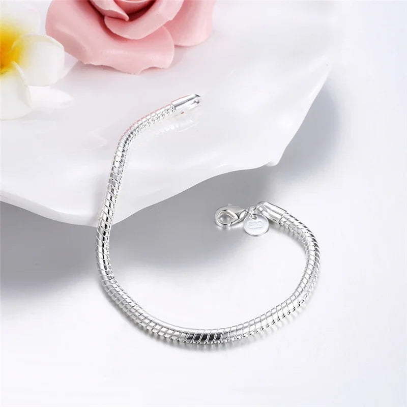 925 Sterling Silver 3mm Snake Chain 8 inches Basis Bracelet For Woman Charm Wedding Engagement Fashion Party Jewelry