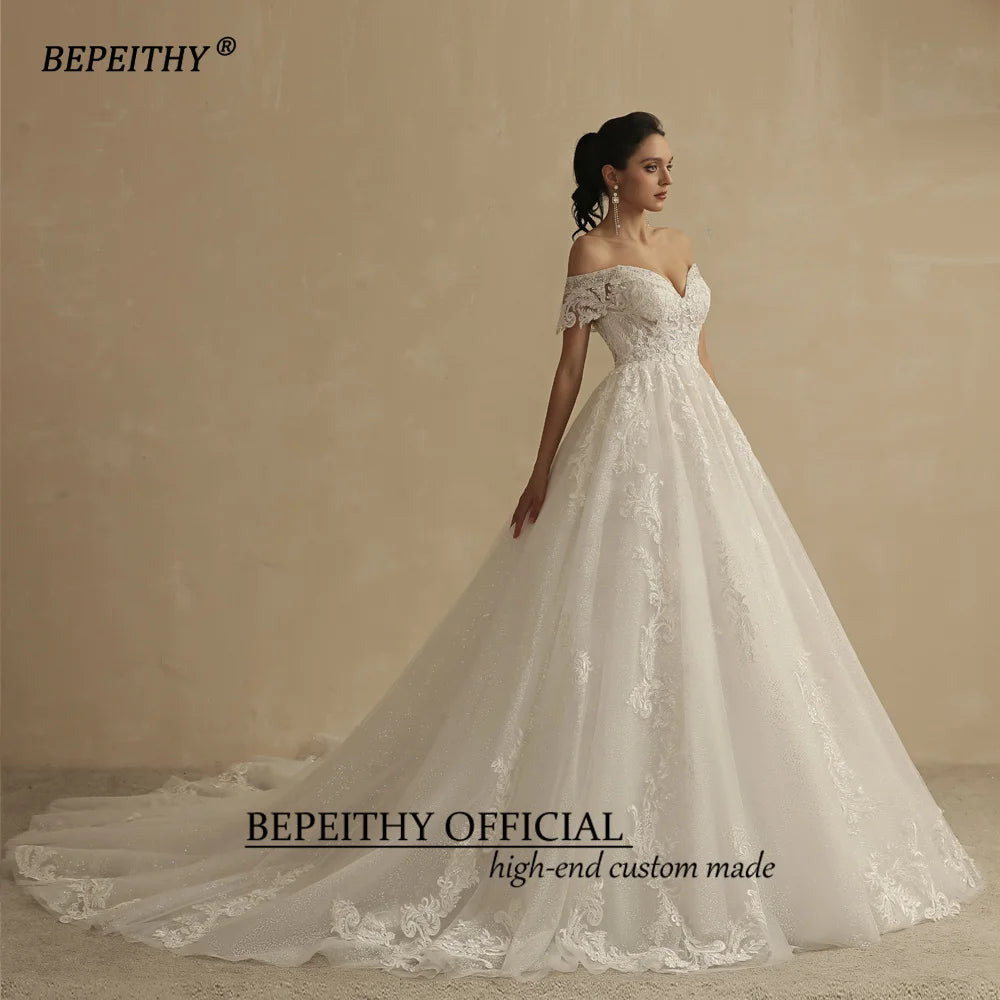 BEPEITHY Customized Glitter Wedding Dresses For Women 2025 Bride Romantic Lace Sleeveless Boho Bridal Gown Robe De Soiree New