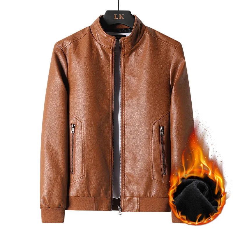 Leather Jacket Men Coats Motorcycle Autumn Travel Fleece Black Zipper Plus Size 6XL 7XL 8XL Oversized Winter Slanted Overcoat
