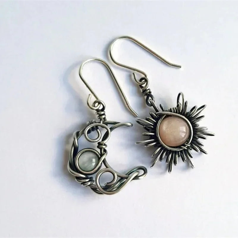 Boho Sun & Moon Drop Earrings – Vintage Crystal Jewelry for Women