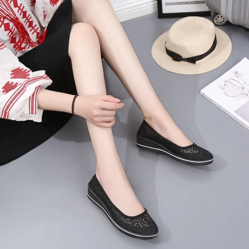 Women’s White Lace Breathable Slip-On Sneakers – Casual Summer Flats with Low Wedge Comfort Sole