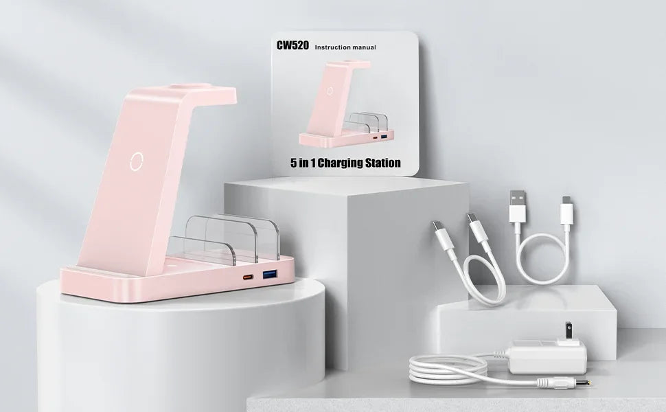 5-in-1 Fast Wireless Charging Station for Multiple Devices for iPhone 15 14 13 12 Pro Max Apple Watch Airpods