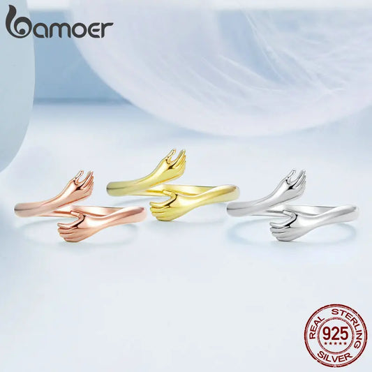 BAMOER 925 Sterling Silver Hug Open Ring Warmth and Love Hand Adjustable for Women Party Jewelry, His Big Loving Family Gift