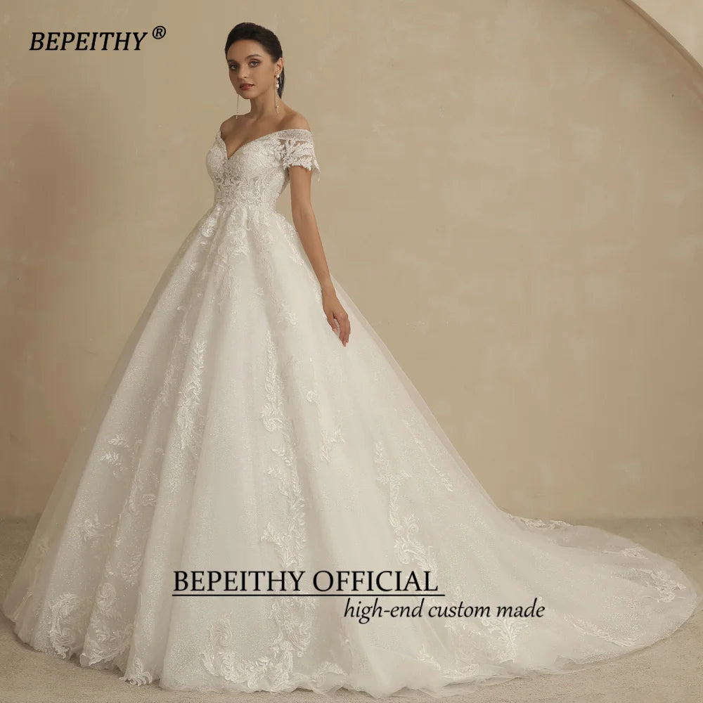 BEPEITHY Customized Glitter Wedding Dresses For Women 2025 Bride Romantic Lace Sleeveless Boho Bridal Gown Robe De Soiree New