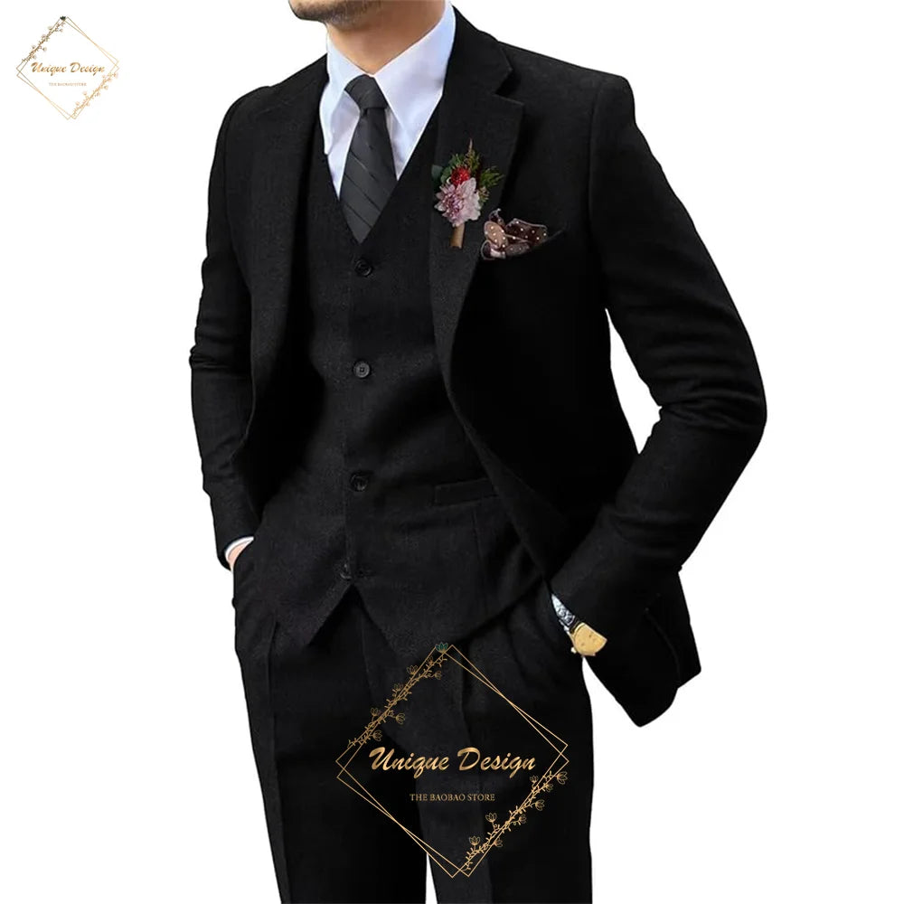 Premium Men's Suits 3 Piece Jacket Vest Pants Brown Wedding Tweed Herringbone Retro Vintage Tailored Fit Single Breasted Tuxedo