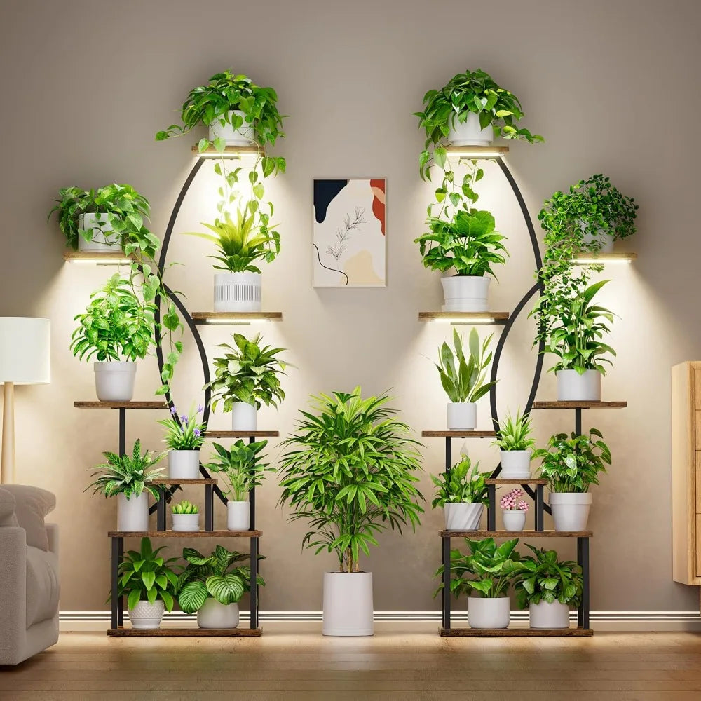 8-Tier Indoor Plant Stand with Grow Lights – Tall Metal Shelf for Corners & Living Rooms, Space-Saving Display Rack for Multiple Plants