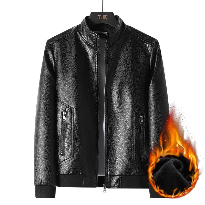 Leather Jacket Men Coats Motorcycle Autumn Travel Fleece Black Zipper Plus Size 6XL 7XL 8XL Oversized Winter Slanted Overcoat