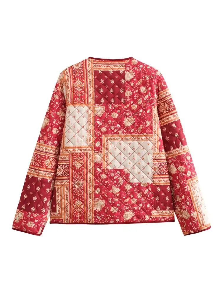 Women’s Quilted Floral Jacket – Vintage Loose Fit Winter Coat