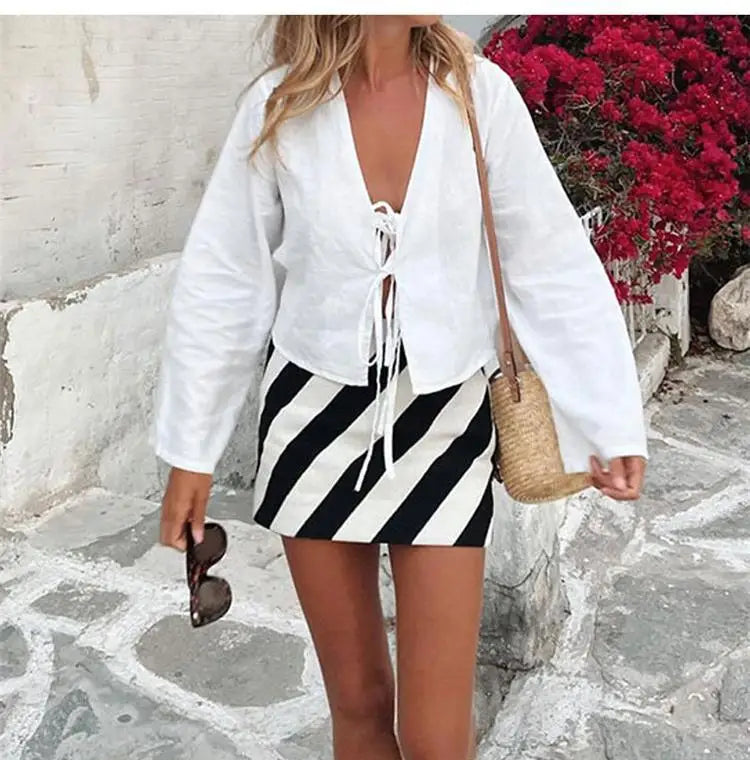 Spring 2025 V-Neck Lace-Up Linen Blouse – Casual Loose Fit