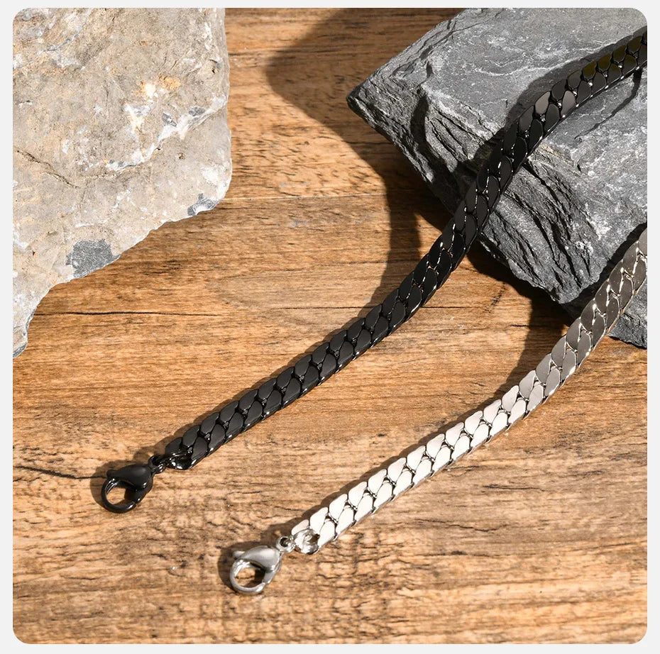 Vnox Gothic Black Cuban Chain Bracelets for Men, Stainless Steel Flat Miami Curb Links Wristband, Simple Metal Jewelry