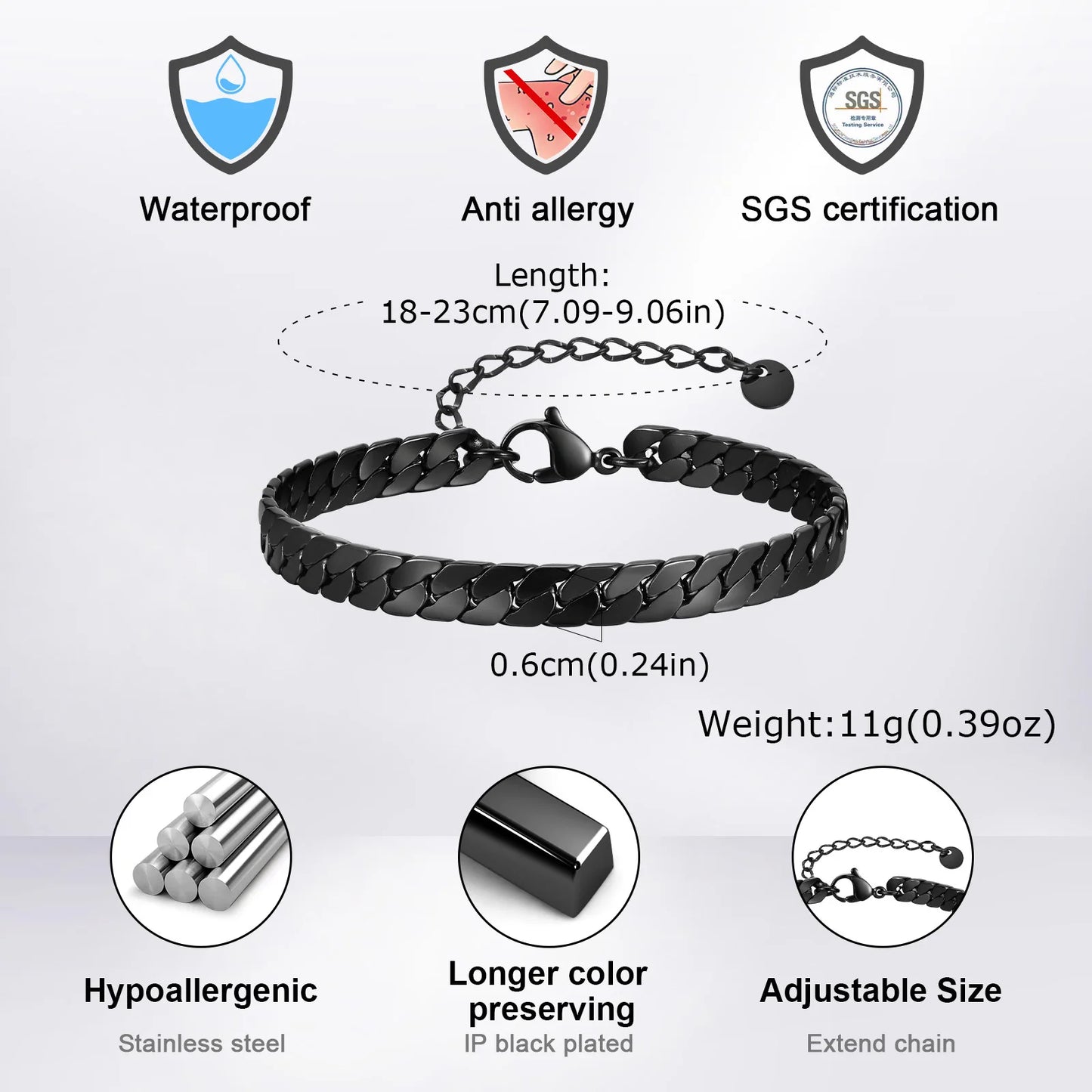 Vnox Gothic Black Cuban Chain Bracelets for Men, Stainless Steel Flat Miami Curb Links Wristband, Simple Metal Jewelry