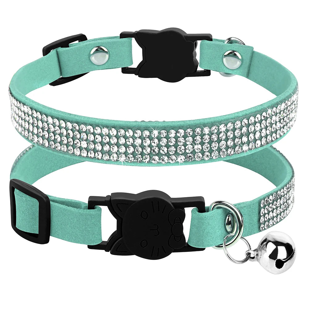Bling Suede Cat Collar – Rhinestone Bell, Soft & Safe