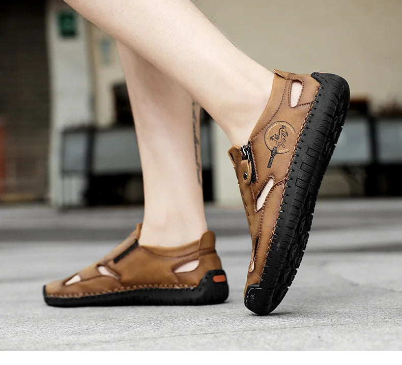 Men’s Leather Roman Sandals – Breathable Handmade Casual Summer Shoes for Outdoor & Beach